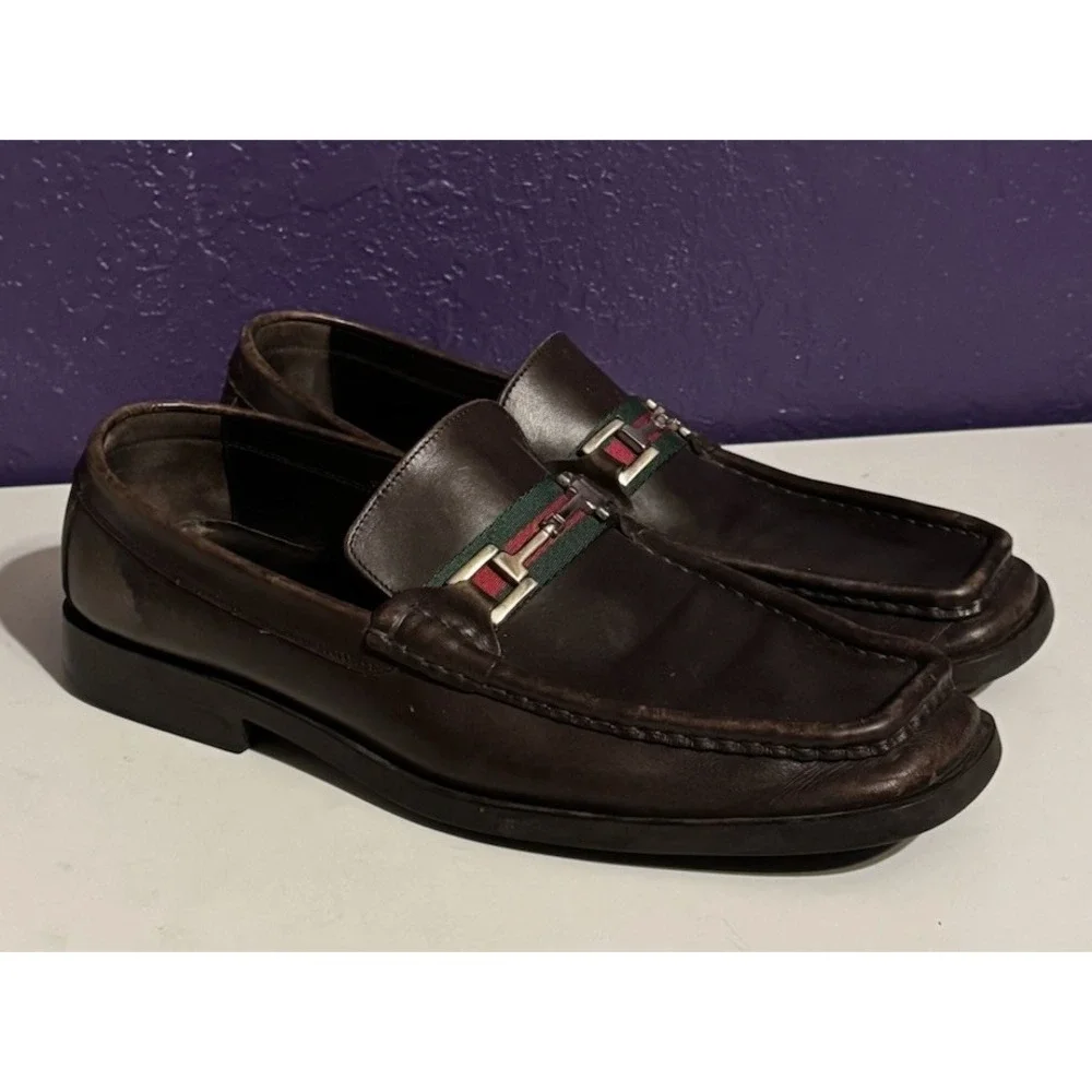 Gucci Brown Leather Horsebit Logo Loafers Square Men's Dress Shoes Size 11 D